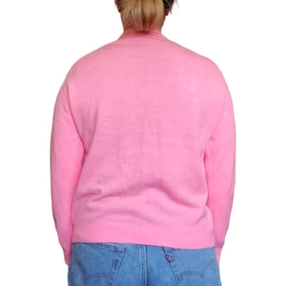 Vintage 60s Mod Bright Pink Knit Cardigan Sweater 3d Flowers Medium Pinup - Picture 2 of 10